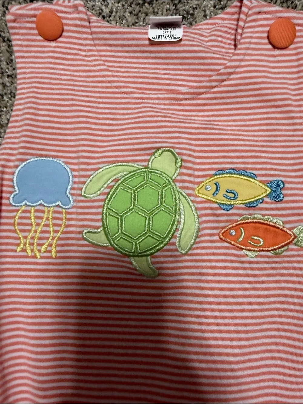 STITCHY FISH Striped Boys Jon Jon Romper with Sea Animal Appliques 2T